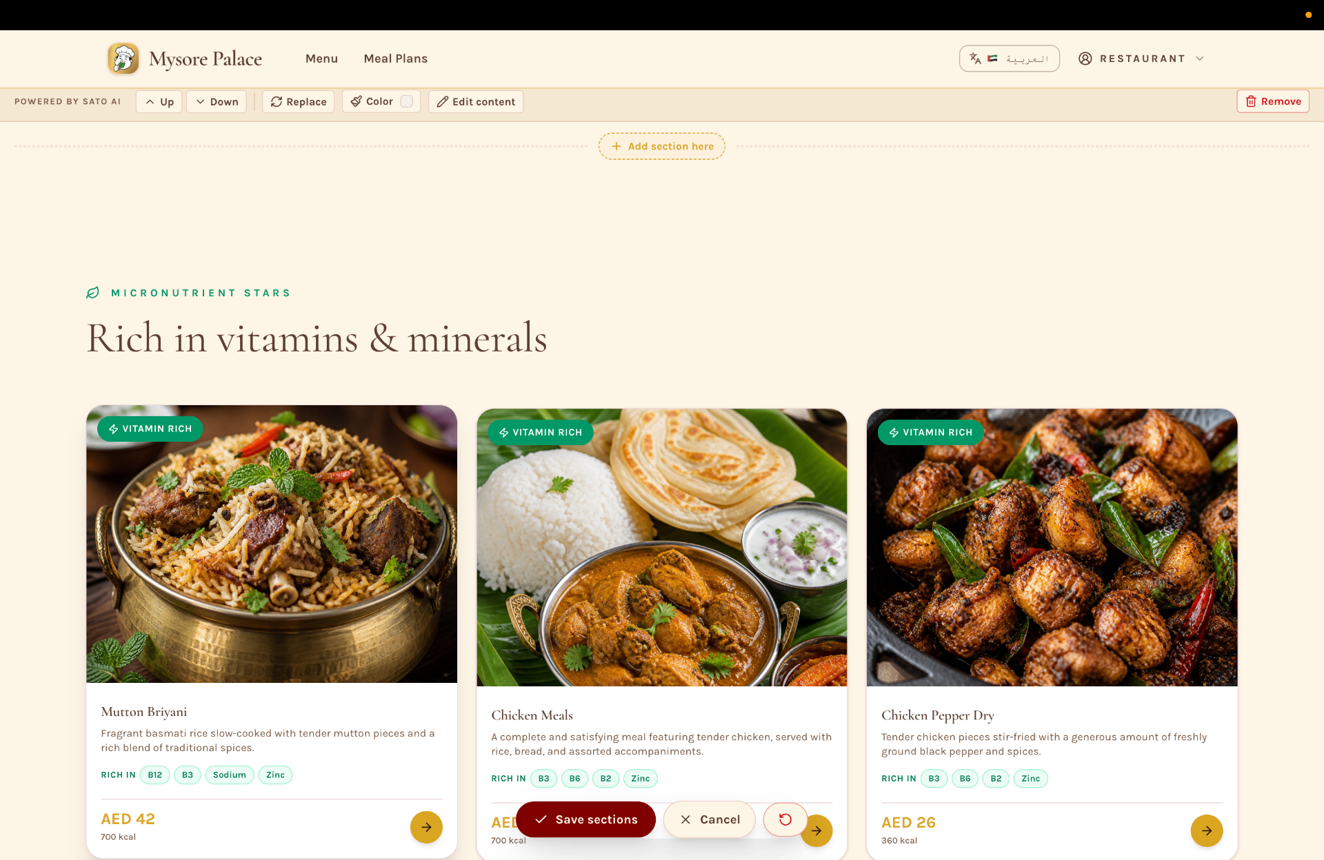 Eatoshi SaaS — Menu · Micronutrient sections