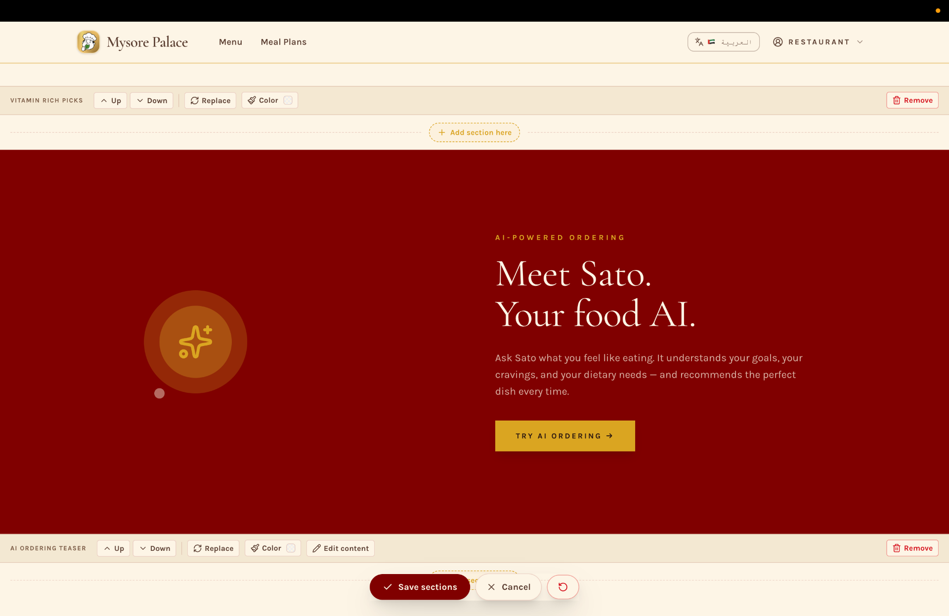 Eatoshi SaaS — inline section editor with Sato AI