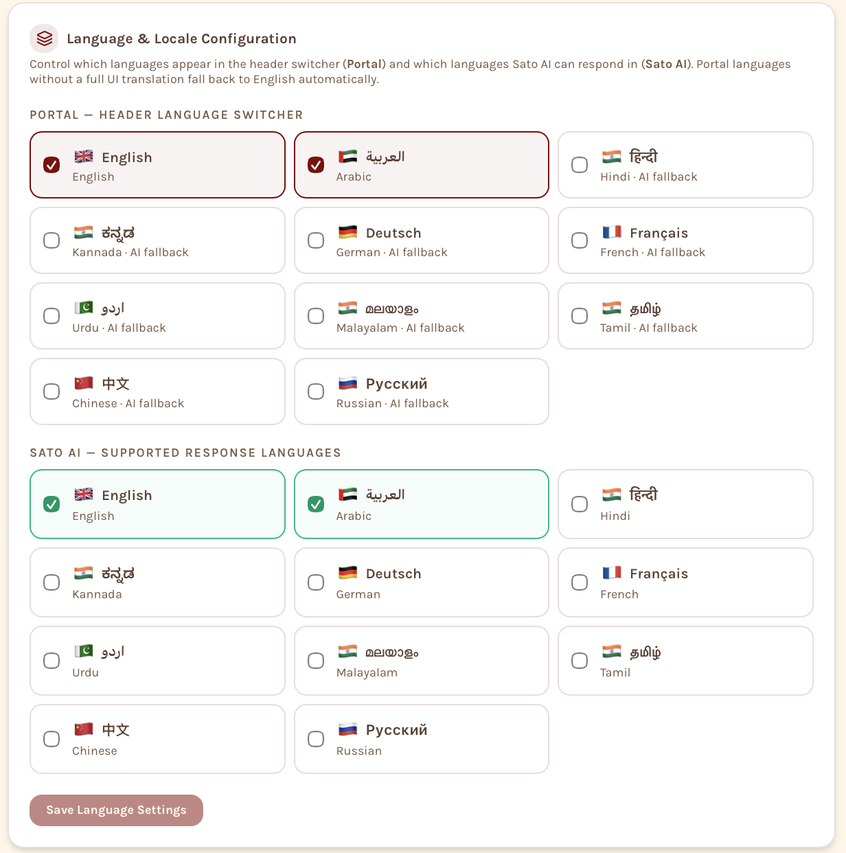 Eatoshi SaaS — Language & locale configuration