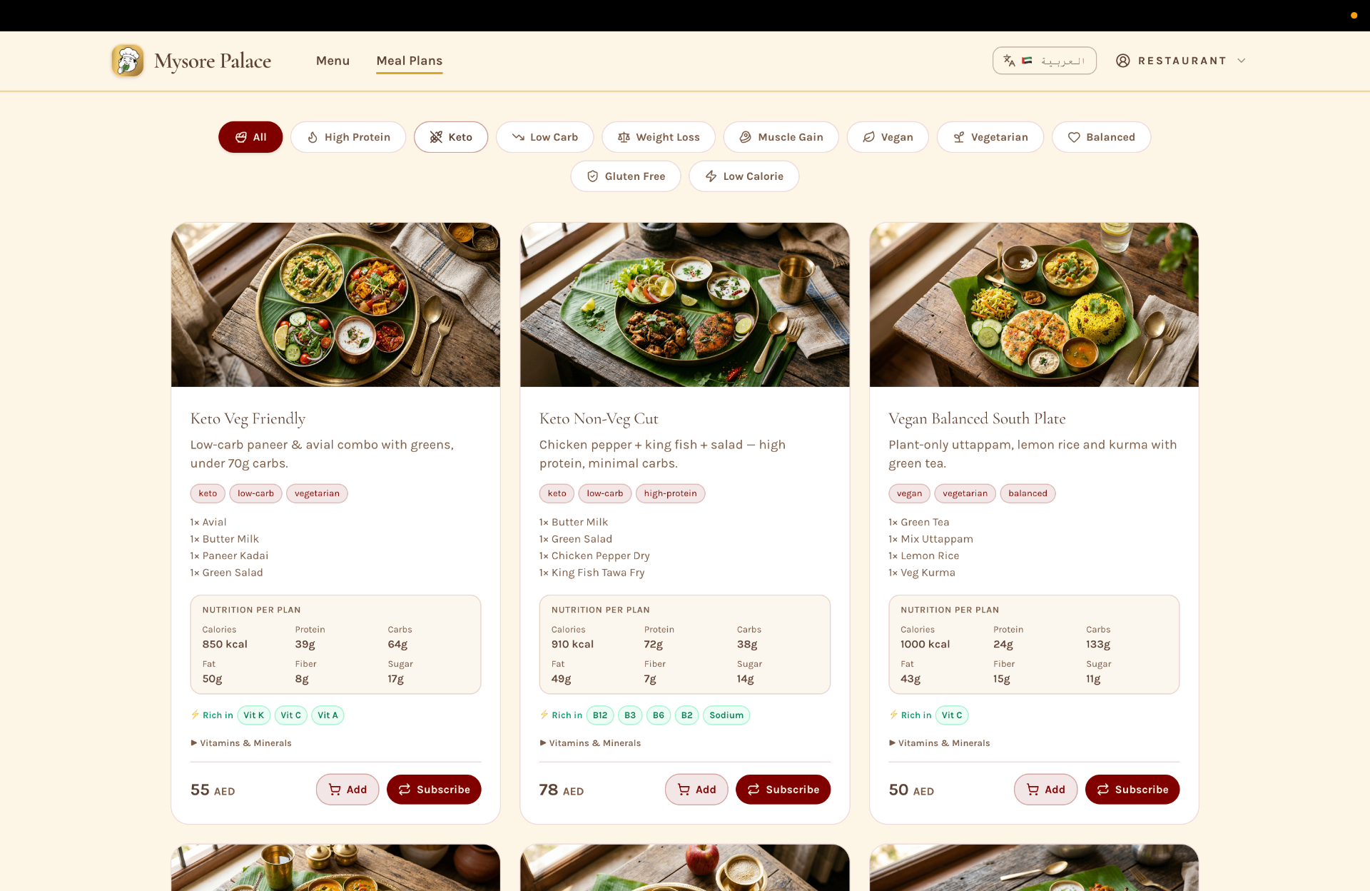 Eatoshi SaaS — Meal Plans · Goal-based sets
